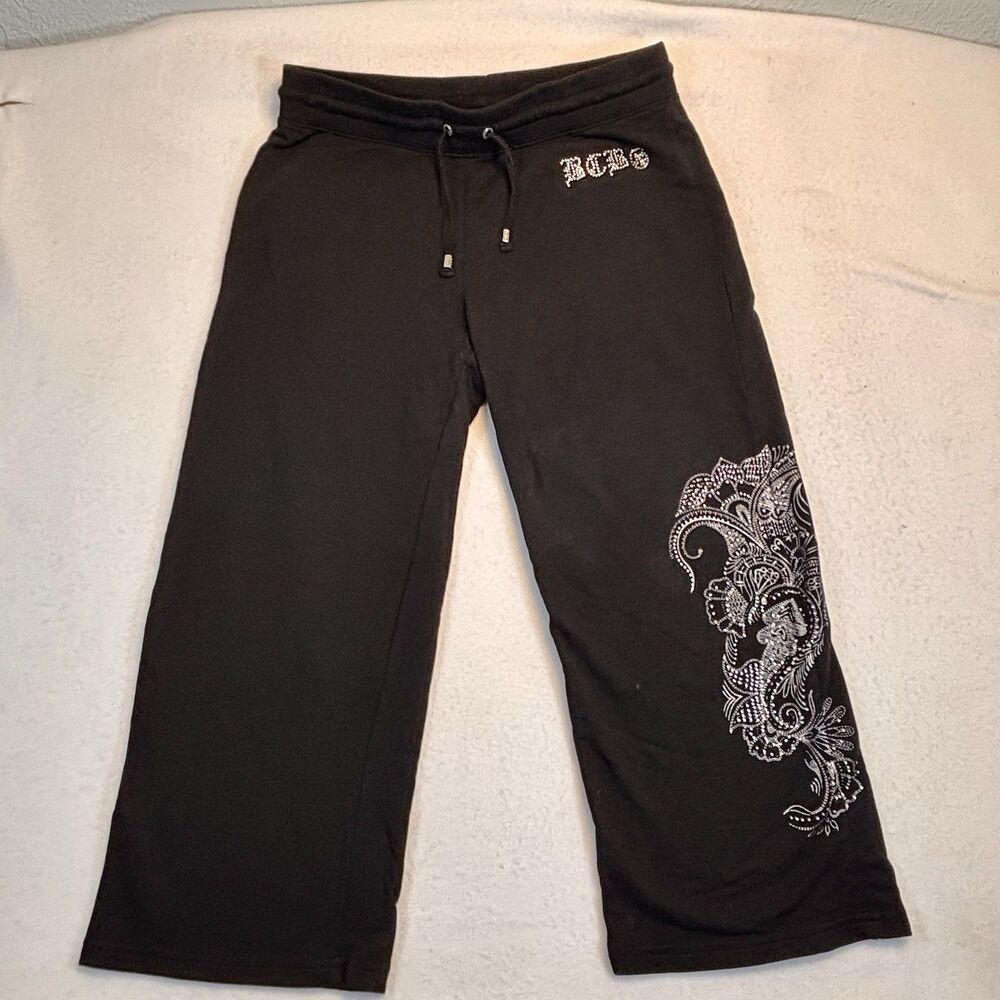 Y2K Cropped Sweatpants Black With Rhinestones Back Pockets Size L